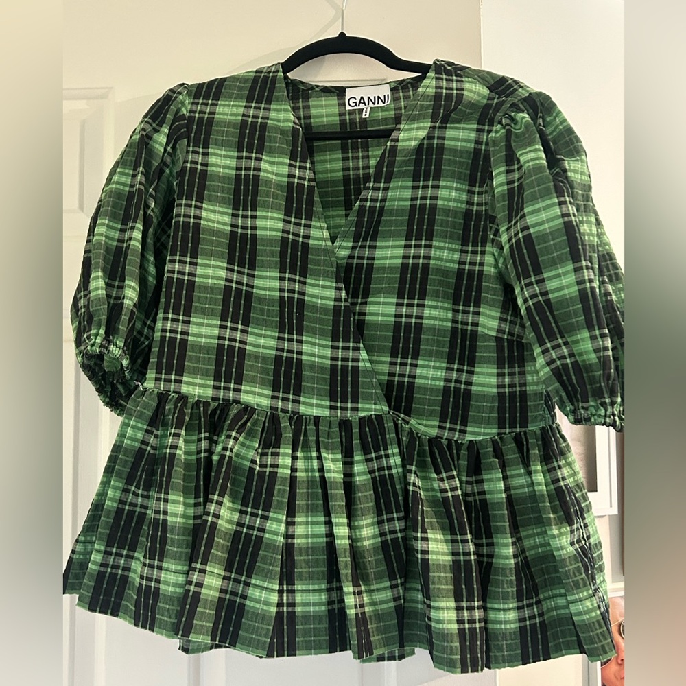 GANNI Green Plaid Top